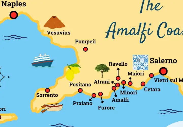 Map of the Amalfi Coast, Italy, showing Naples, Sorrento, Positano, Amalfi, and Salerno.