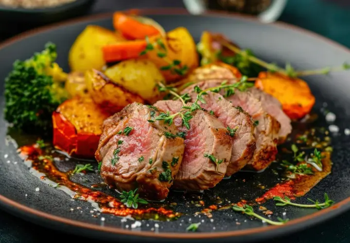 Solomillo de cerdo jugoso en airfryer, servido con patatas asadas, brócoli y zanahoria. ¡Un plato perfecto!
