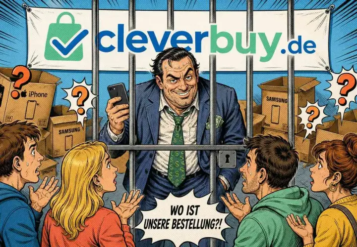 Ein Mann hinter Gittern, der cleverbuy.de repräsentiert, hält ein Smartphone. Kunden fragen verzweifelt: "Wo ist unsere Bestellung?!