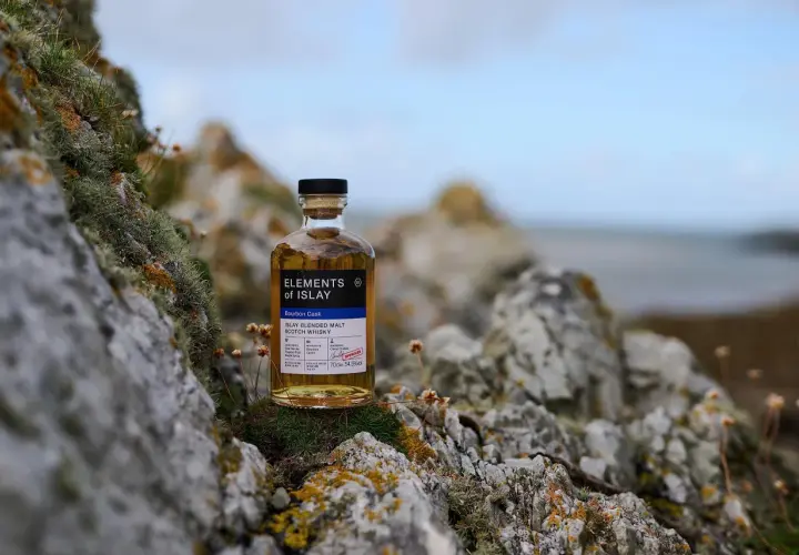 Bouteille de whisky "Elements of Islay" posée sur des rochers moussus, évoquant l'atmosphère sauvage de la distillerie Islay.