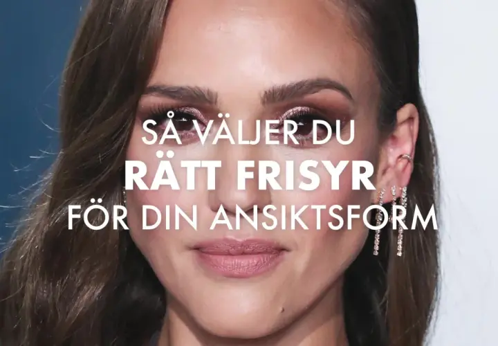 En kvinna med mjukt vågigt hår och smink. Texten lyder: "Så väljer du rätt frisyr för din ansiktsform".