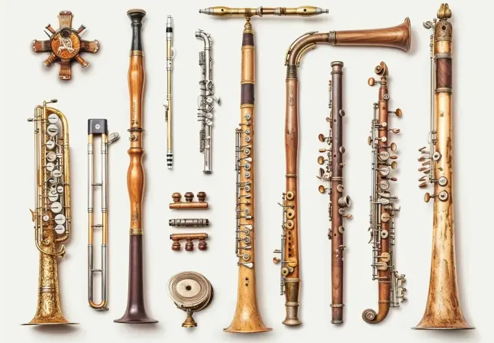 Kolekcja różnych rodzajów instrumentów dętych, od saksofonu po klarnet, prezentuje bogactwo form i materiałów.