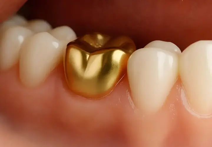 Un dente con una corona in oro brilla tra altri denti bianchi, un tocco di lusso per un sorriso.