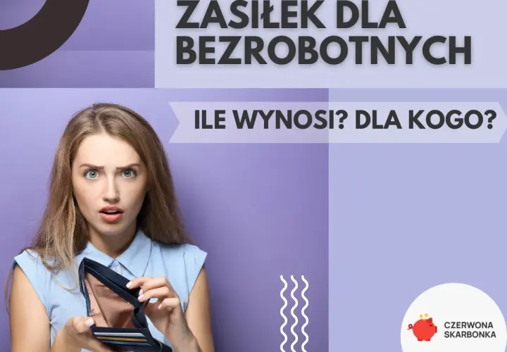 Zaskoczona kobieta pokazuje pusty portfel, zastanawiając się, ile wynosi zasiłek dla bezrobotnych.