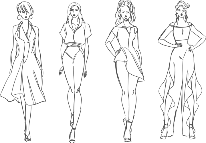 Croquis de mode : quatre silhouettes féminines élégantes, esquissées par un modeliste styliste.