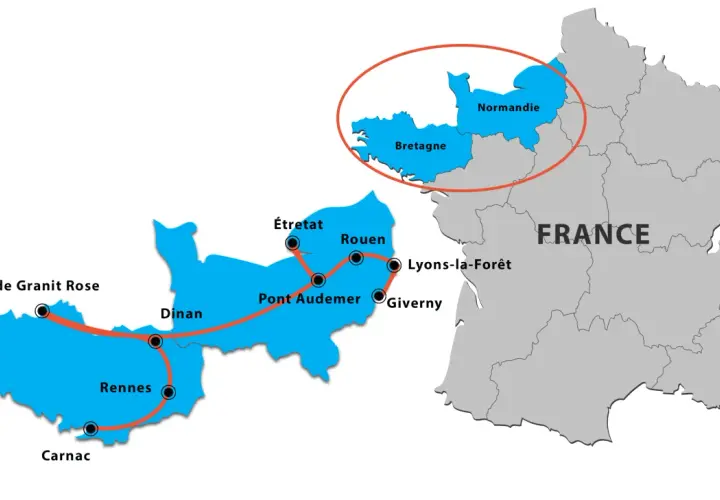 Carte de France montrant un itinéraire en camping-car à travers la Bretagne et la Normandie, incluant Étretat, Rouen et Giverny.