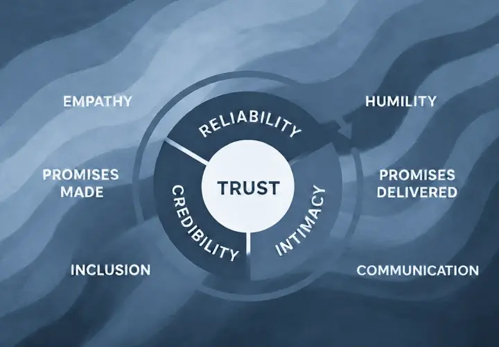 Diagram illustrating the core components of ethical leadership: trust, reliability, credibility, intimacy, empathy, humility, inclusion, promises made, promises delivered, and communication.