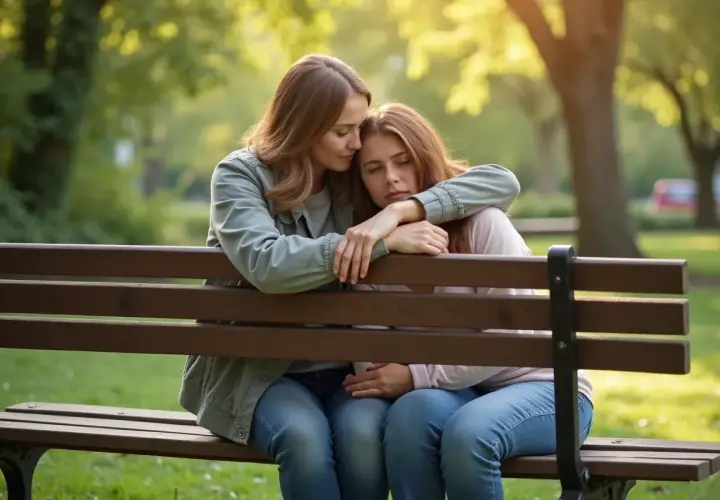 Kobieta obejmuje smutną dziewczynę na ławce w parku. Pokazuje, jak pocieszyć chłopaka na odległość, oferując wsparcie i bliskość.