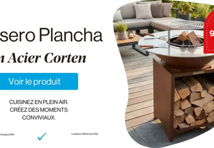 Brasero plancha en Acier Corten, idéal pour le nettoyage et la convivialité en plein air. Prix : 900,00 €.