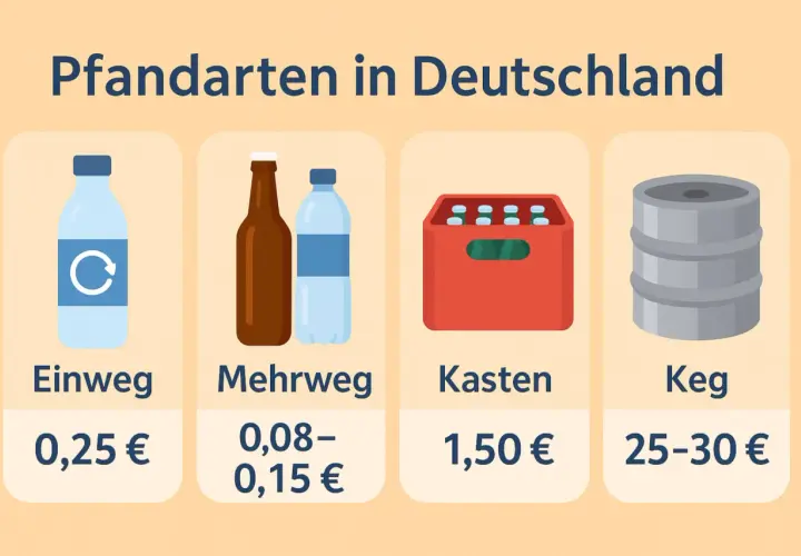 Pfandarten in Deutschland: Einwegflasche (0,25€), Mehrwegflaschen (0,08-0,15€), Kasten (1,50€), Keg (25-30€).