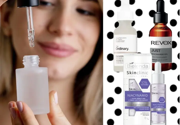 Kobieta aplikuje serum z nikotynamidem. Na zdjęciu kosmetyki z tym składnikiem, np. Bielenda i Revox. Nikotynamid co to jest? To witamina B3.