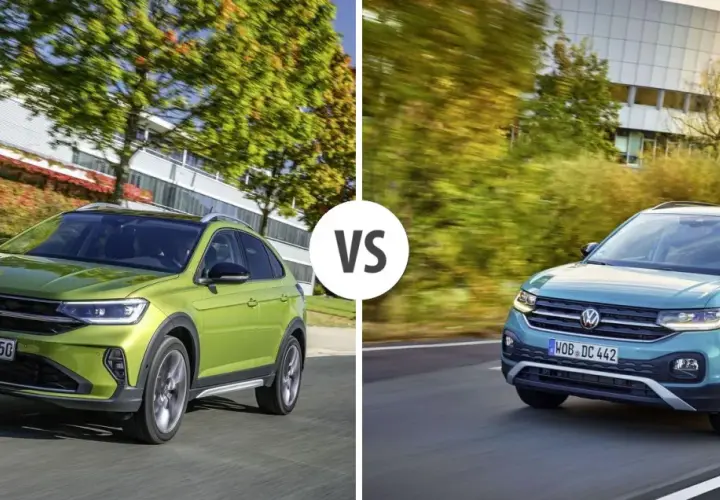 Två Volkswagen Taigo, en grön och en turkos, kör på väg. En jämförelse av vw taigo test.