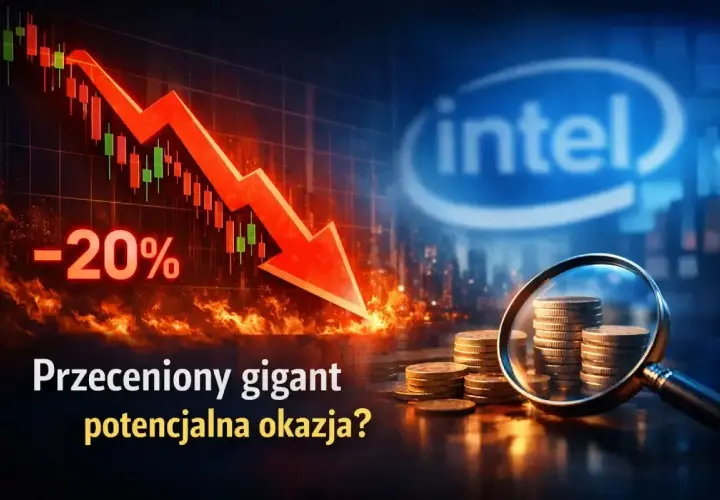 Spadający wykres, logo Intel i stosy monet pod lupą. Czy to okazja inwestycyjna? Intel kurs.
