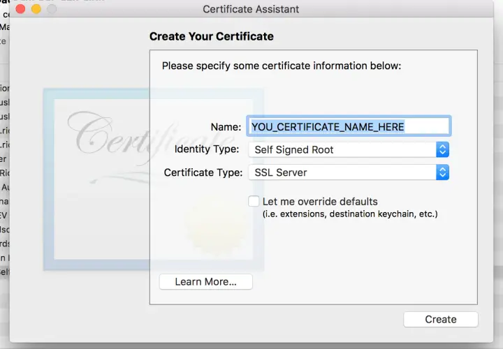 Asistente de Certificados: Crea tu certificado digital en Mac. Introduce el nombre, tipo de identidad y tipo de certificado.