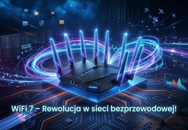 Router WiFi 7 z neonowymi falami danych, symbolizujący rewolucję w łączności bezprzewodowej.