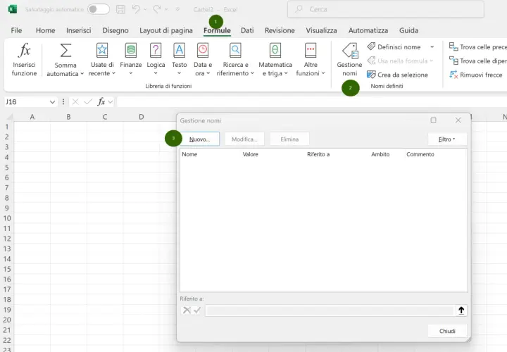 Gestione nomi in Excel, utile per definire nomi per formule, come la funzione lambda.