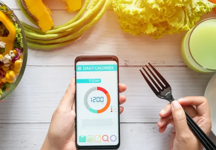 Aplikacja pokazuje dzienne zapotrzebowanie kaloryczne 1200 kcal. Obok sałatka, sok i rogalik.
