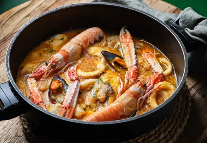 Una deliciosa zarzuela de pescado rebosante de langostinos, mejillones y calamares en una rica salsa.