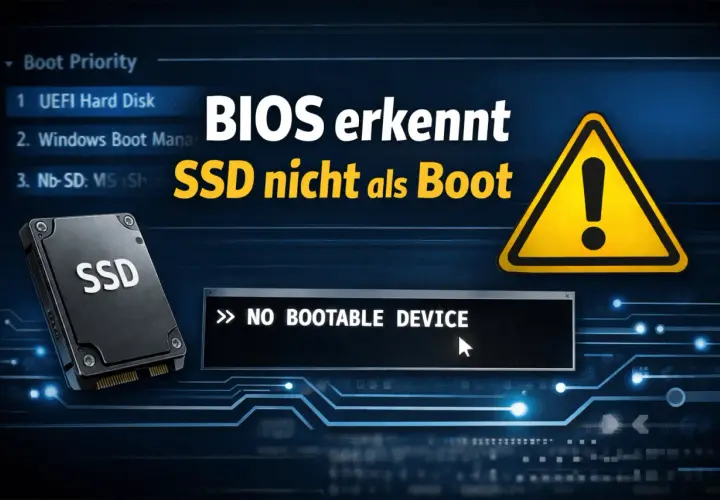 BIOS erkennt SSD nicht als Boot. Warnsymbol und "NO BOOTABLE DEVICE" Meldung.