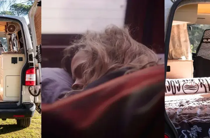 Aménagement intérieur d'un camping-car pour savoir où dormir en camping car. Une personne dort paisiblement dans son lit douillet.