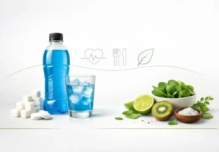 Niebieski napój sportowy, kostki cukru i tabletki obok szklanki z lodem. Po drugiej stronie miska ze szpinakiem, limonka, kiwi i sól. Czy Oshee nawadnia?