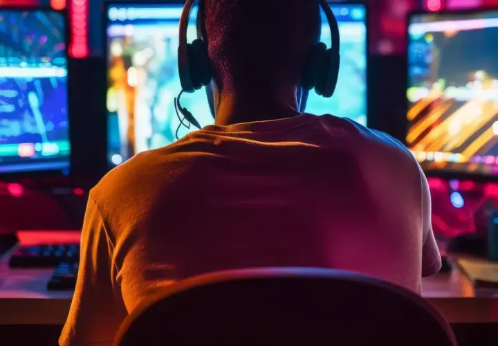 Gracz w słuchawkach przed wieloma monitorami, szukający darmowych gier na Steam.
