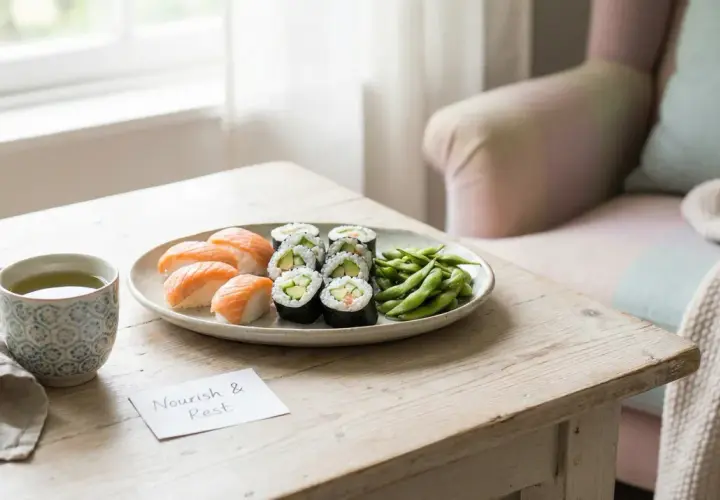 En tallrik med sushi, edamame och en kopp te på ett träbord. En påminnelse om att "Nourish & Rest" kan vara perfekt för en sushi gravid.