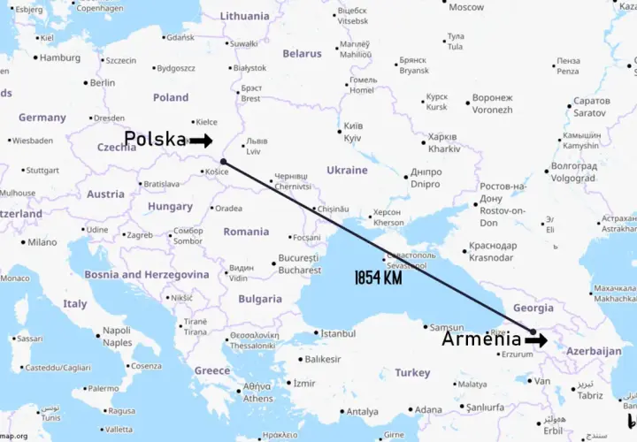 Armenia leży na wschód od Turcji, na południe od Gruzji. Mapa pokazuje trasę z Polski do Armenii.