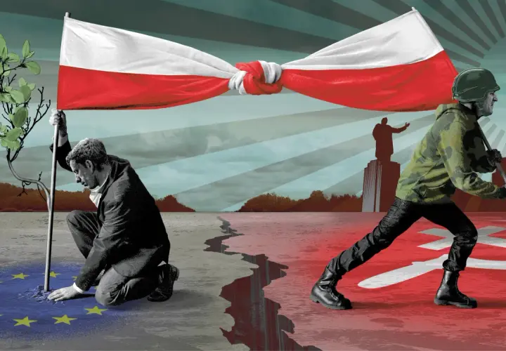 Symboliczna ilustracja Polski podzielonej między UE a Wschód, z ludźmi reprezentującymi różne obozy.