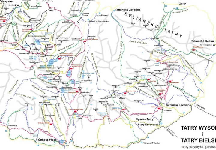 Mapa Tatr Wysokich i Bielskich z zaznaczonym szlakiem turystycznym, schroniskami i szczytami.