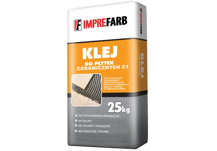 Imprefarb Klej do płytek ceramicznych C1, 25kg. Idealny, jeśli zastanawiasz się, jaki klej do płytek wybrać do wnętrz.