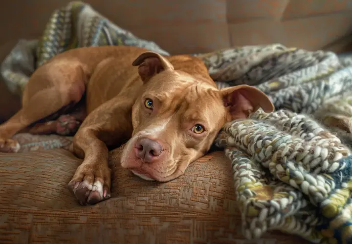 Słodki pitbull odpoczywa na kanapie, otulony kocem. Czy pitbull jest groźny? Ten piesek wygląda na łagodnego.