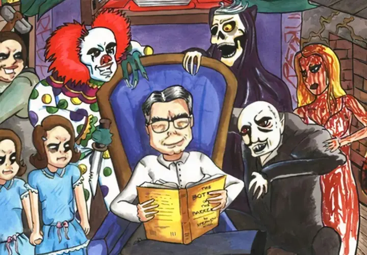 Stephen King w otoczeniu postaci z jego horrorów: Pennywise, bliźniaczki Grady, Jack Torrance, Dracula, śmierć i kobieta w czerwonej sukni.