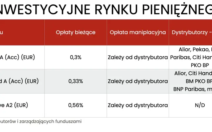 Tabela porównująca fundusze inwestycyjne rynku pieniężnego w euro. Sprawdź opłaty i dystrybutorów dla inwestycji w euro.