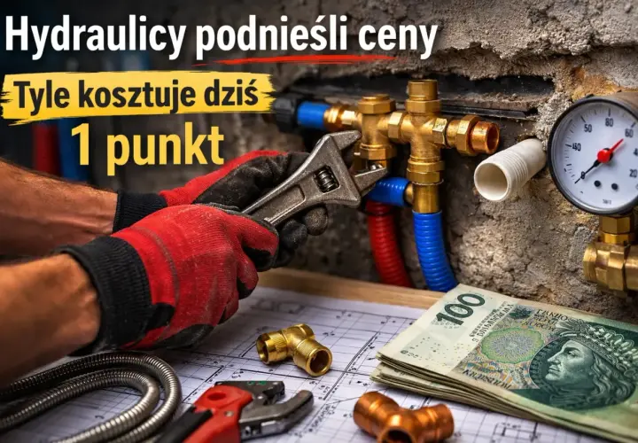 Ręce w czerwonych rękawiczkach dokręcają kluczem mosiężne złączki hydrauliczne, obok leżą pieniądze.