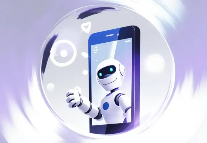 Uśmiechnięty robot z niebieskimi oczami wychyla się z ekranu smartfona, pokazując kciuk w górę. To symbol nowoczesnego wykorzystania sztucznej inteligencji w codziennym życiu.