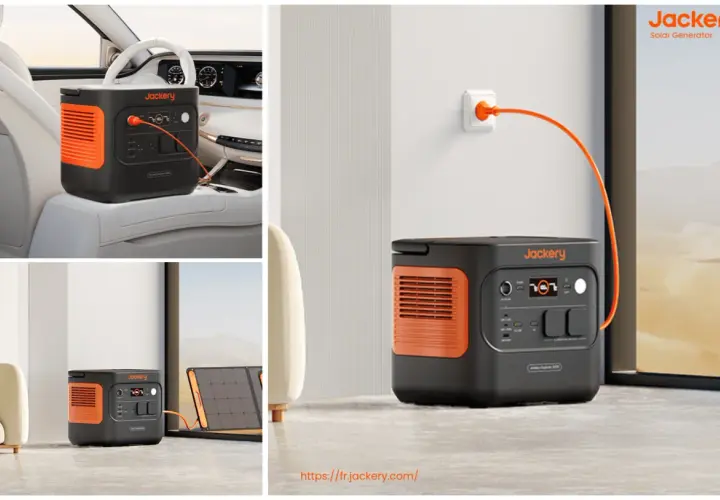 Station d'énergie Jackery en voiture, branchée au mur, et avec panneau solaire. Idéal pour savoir combien de temps pour recharger une batterie auxiliaire en roulant.