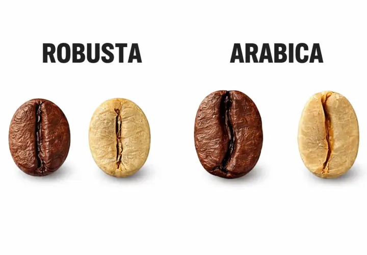 Dwa ziarna kawy: ciemniejsze Robusta i jaśniejsze Arabica, symbolizujące włoskie marki kawy.