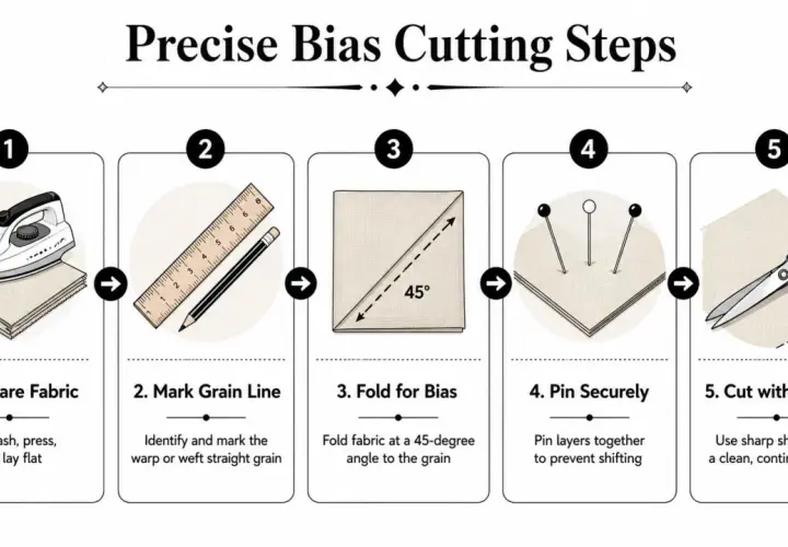 Steps for precise bias cutting: prepare fabric, mark grain line, fold fabric at 45 degrees, pin layers, and cut with shears.