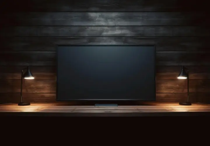 Ciemny ekran telewizora, dwie lampki po bokach, drewniana ściana i półka. Brak obrazu w telewizorze, tylko pustka.