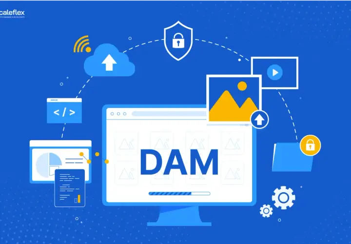 Illustration d'un système DAM d'entreprise : gestion de contenu visuel, sécurité, stockage cloud et analyse de données.