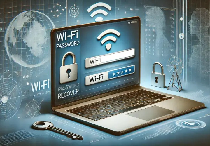 Laptop z ekranem pokazującym okno logowania Wi-Fi i hasło. Ikony zamka i klucza sugerują, jak odzyskać hasło do Wi-Fi.