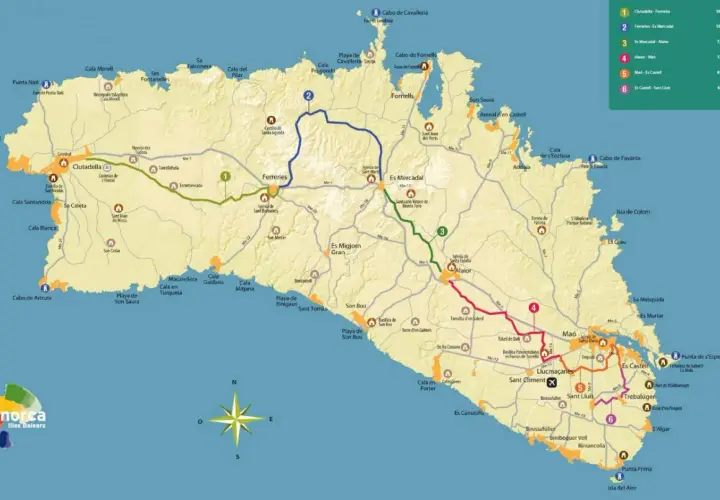 Mapa de Menorca con rutas ciclistas señalizadas. El carril bici de Menorca te lleva a descubrir la isla.
