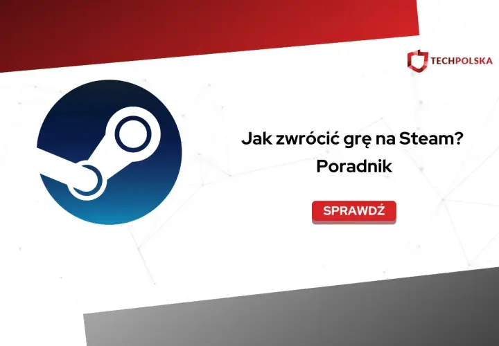 Logo Steam i tekst "Jak zwrócić grę na Steam? Poradnik". Dowiedz się, ile się oczekuje na pieniądze Steam po zwrocie.