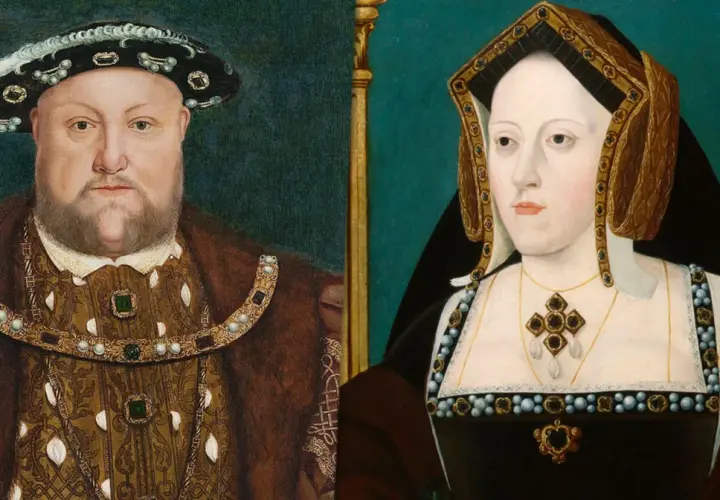 Portret króla Henryka VIII Tudora i jego żony. Król w bogatym stroju, królowa w ozdobnym nakryciu głowy.