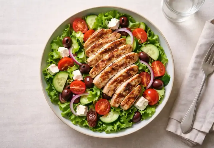 En fräsch sallad med grillad kyckling, som Tareq Taylor skulle kunna laga, med tomater, gurka, oliver och fetaost.