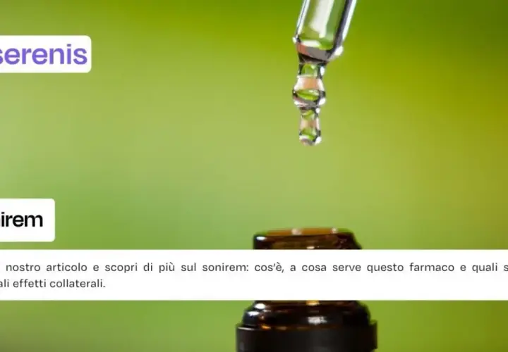 Goccia di liquido da un contagocce, con testo che menziona "Sonirem" e il suo principio attivo.