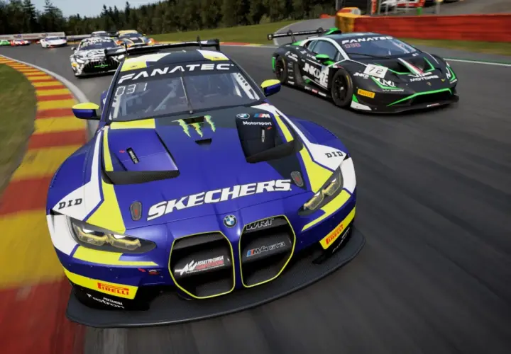 Wyścigowe BMW M4 GT3 i Lamborghini ścigają się na torze. Poczuj emocje najlepszych gier wyścigowych!