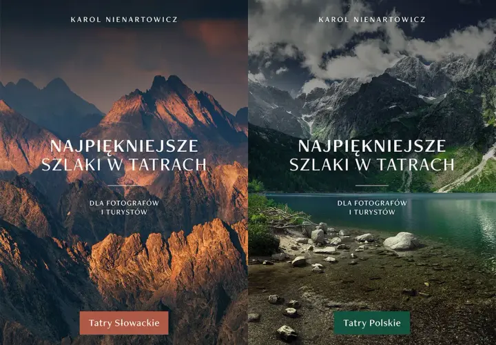 Dwa okładki książek o szlakach w Tatrach. Po lewej złociste szczyty, po prawej jezioro i skaliste góry.