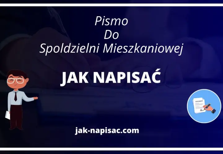 Ilustracja z tekstem "Pismo Do Spółdzielni Mieszkaniowej JAK NAPISAĆ" i ikonką dokumentu.
